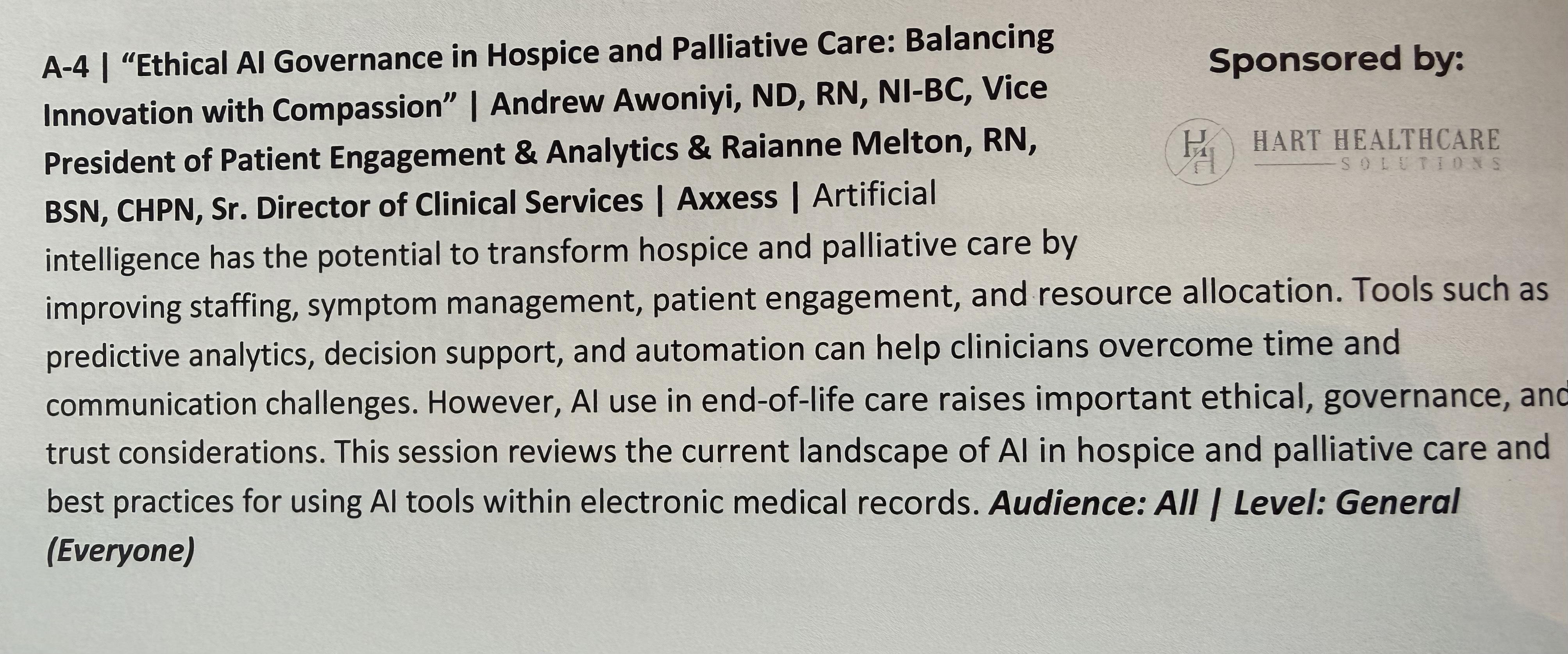 Ethical AI Governance in Hospice and Palliative Care: Balancing Innovation with Compassion session